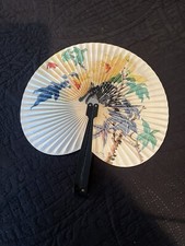 Vintage Asian Paper Fan with Black Metal Handle Clasp - 1950's