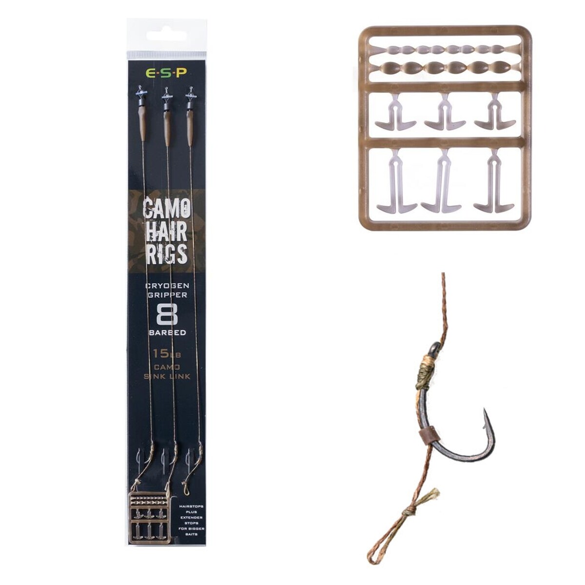 ESP Camo Hair Rig Size 8 Hook Gripper Barbed Carp Fishing Hair Stops x 3 Rigs