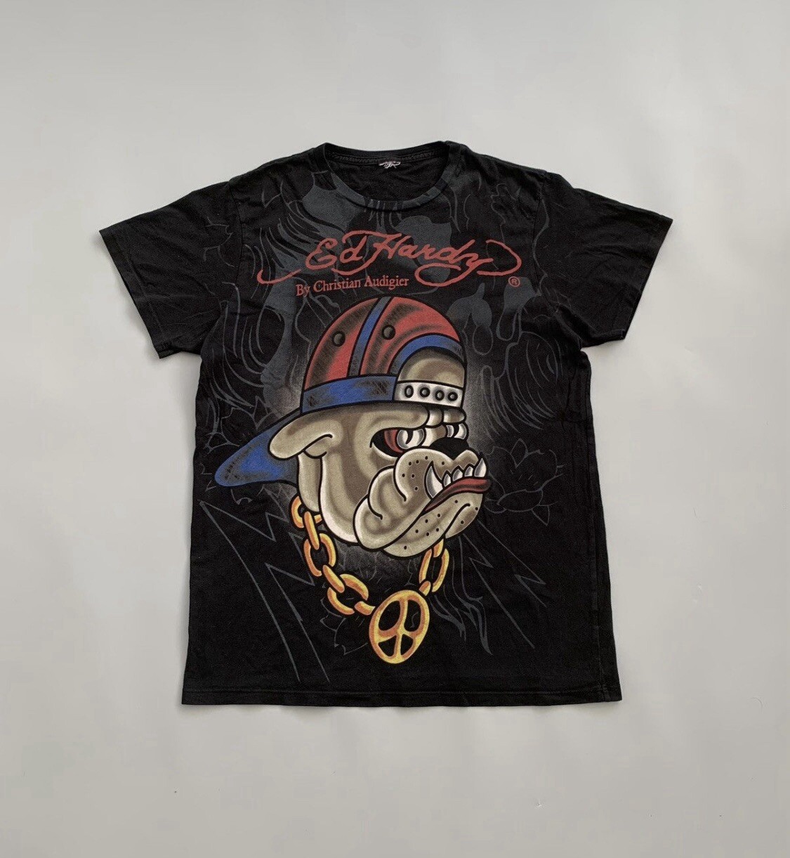 Vintage Y2K Ed Hardy by Christian Audiger Bulldog Tee Mens Black Over Print