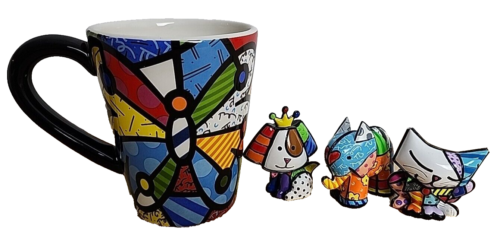 Romero Britto Butterfly 12oz Mug + India Elephant+Sugar Cat(Chipped)+Royalty Dog