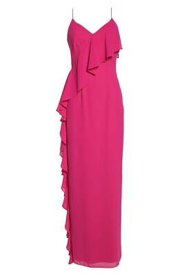 VINCE CAMUTO Fuchsia Pink Asymmetric Cascade Ruffle V-Neck Maxi Gown Dress 4 = S
