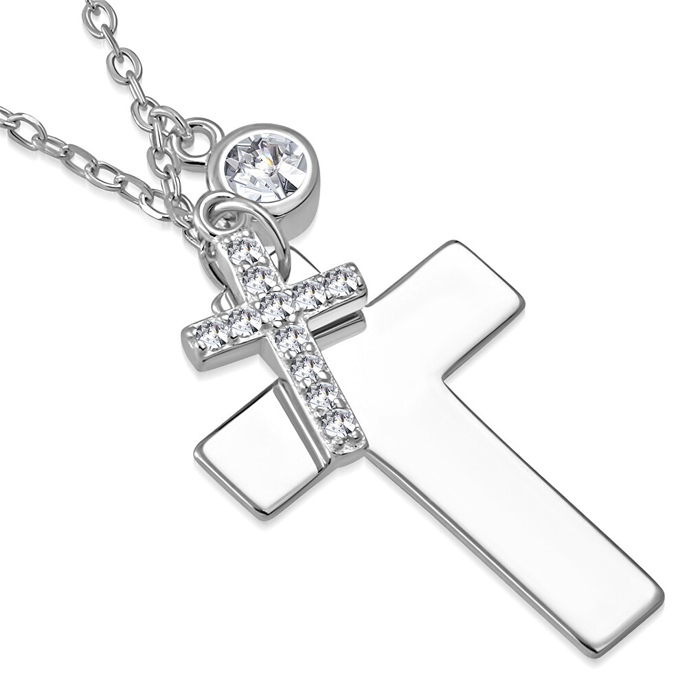 Two Crosses Double Chain With Cross 925 Sterling Silver Double