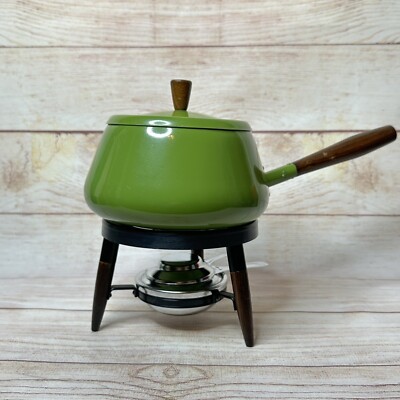 Vintage MCM Avocado Green Wood Handle Retro Chafing Dish Boho Fondue Pot Japan