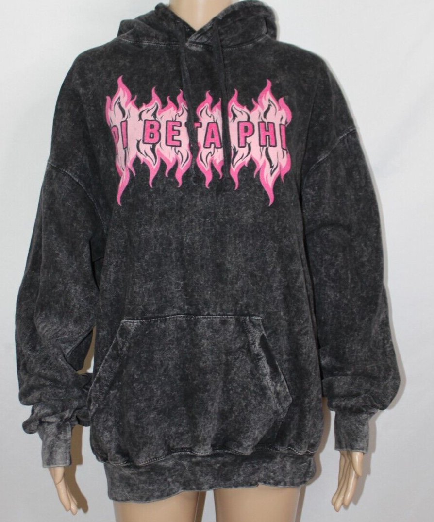 Pi Beta Phi Black Acid Wash Hoodie Pockets Long Sleeves Pink Flames EUC  Large
