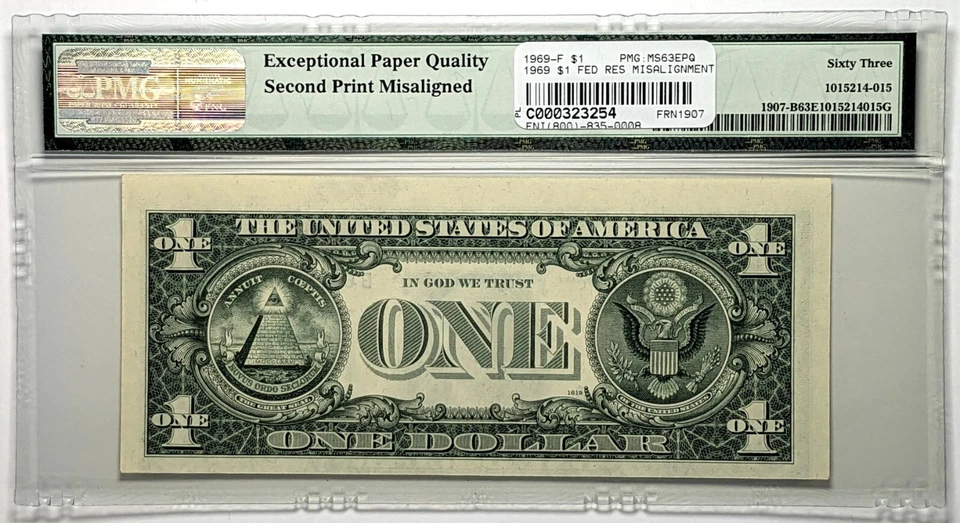 1969 $1 Federal Reserve Note New York Fr#1907-B PMG Ch UNC 63 EPQ Misalignment - Image 2 of 3
