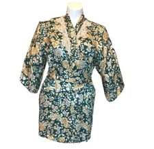 California Dynasty Green Floral Satin Finish Lace Trim Robe Tie Belt Large