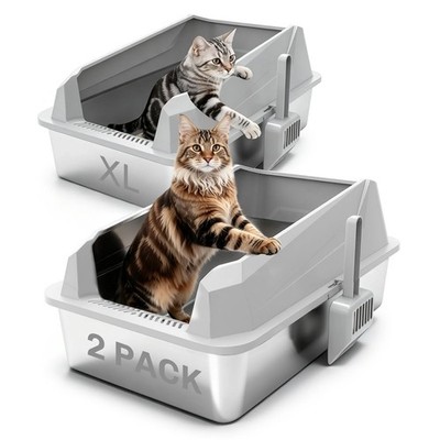 KYKY Tescat 2 Pack Stainless Steel Litter Box with Lid, XL Metal Litter Box w...