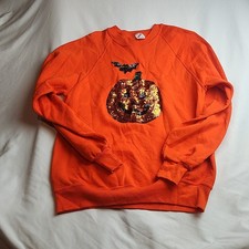 Jerzees Halloween Crewneck Sweatshirt Orange Sequin Pumpkin Size Large