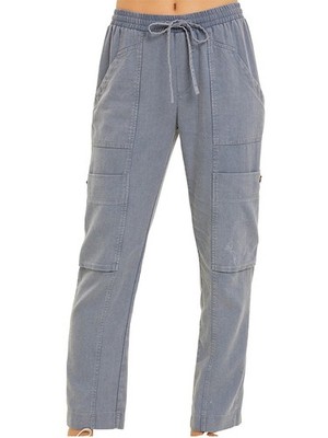 Plus Denim Blue Washed Linen Cargo Pants -224MS