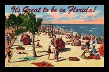 LINEN POSTCARD IT'S GREAT TO BE IN FLORIDA CROWDED BEACH SCENE