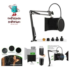 Microphone Isolation Shield with Mic Stand and Pop Filter, Foldable Sound Shi...