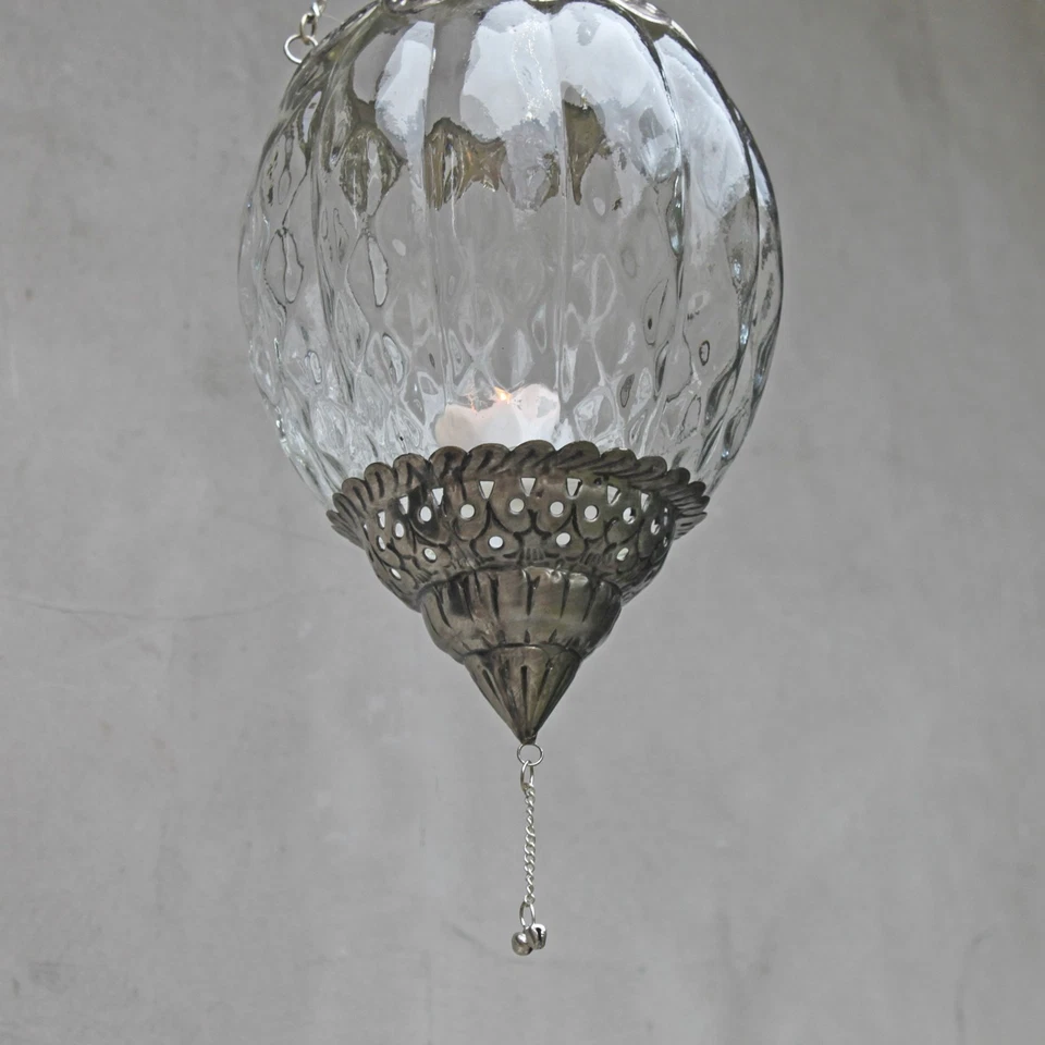 Vintage Windlicht Hängen Glas Metall Silber Teelicht Hängewindlicht Kerzenhalter - Bild 3 von 3