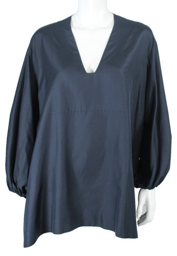 THE ROW Navy Blue Woven Slit-Side Balloon Sleeve Tunic Blouse S