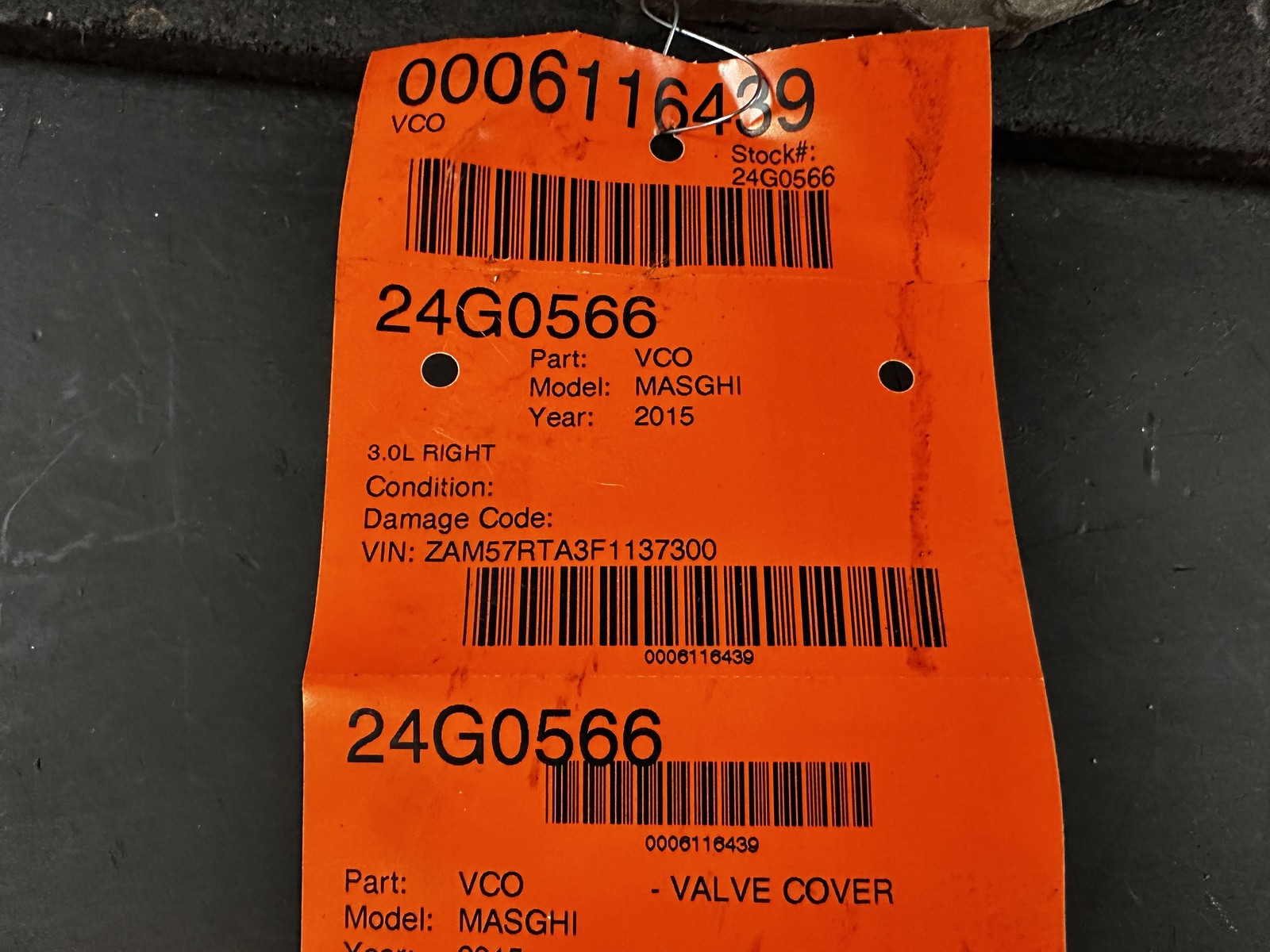 2015 MASERATI GHIBLI 3.0 RIGHT PASSENGER SIDE CYLINDER HEAD VALVE COVER