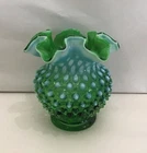 Vintage Fenton Stunning Emerald Green Opalescent Hobnail Ruffled Vase 4.75”