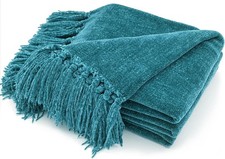 Throw Blanket Soft Cozy Chenille with Fringe Tassel for Couch Sofa Teal 50"x60"