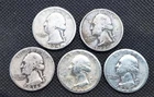 Lot of 5 Silver Washington Quarters ~ average circulated 1934, 35, 36, 37, 1938