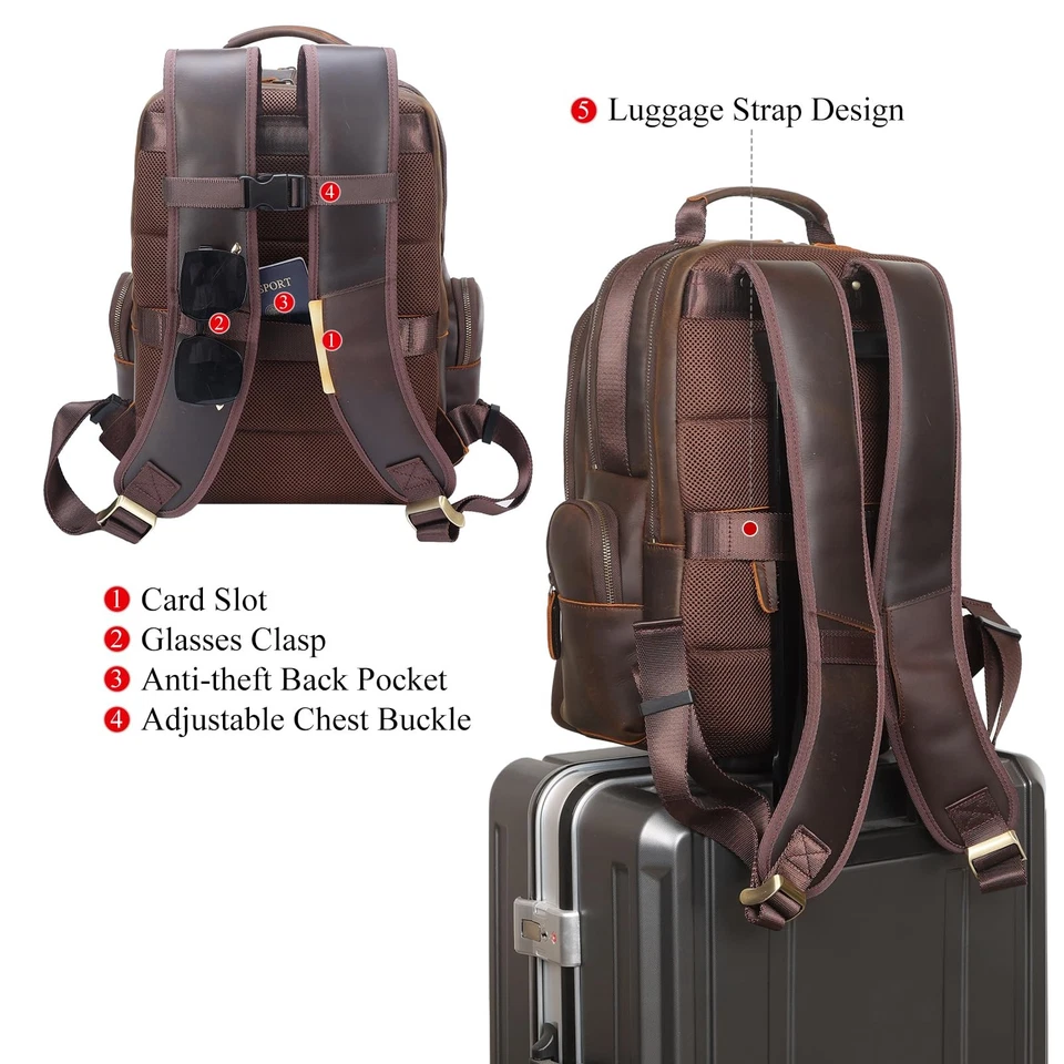 Mochila masculina vintage de couro granulado 15,6 polegadas para laptop grande capacidade T... - Imagem 2 de 4