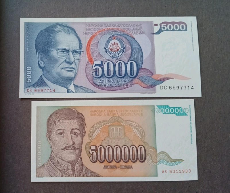 2- Yugoslavia 5000 & 5000000 Banknotes Unc.