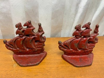 Two Piece Vintage Cast Iron Book Ends Nautical Sailboat Ship Design 4.5X4.5''