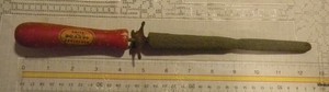 Vintage DART Knife Sharpener stone on rod, wood handle + 5 point "sheriff badge"