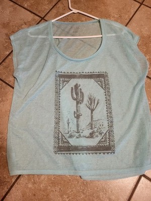 Roper Teal Blue Green Sleeveless Wester Wear Cacti Scoop Neck Top Sheer Womens  