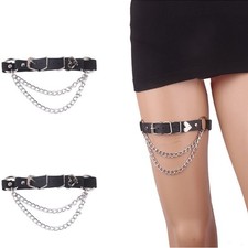 2 PCS PU Leather Leg Garter Belt Dual Chains, Elastic Punk Heart Thigh Set
