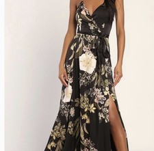 Lulus Black/Pink Floral Wrap Maxi Dress V-Neck Adjustable Straps Slit L