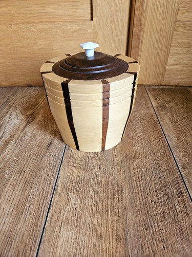 Vintage LANCROFT laminowane 2-kolorowe drewniane wiadro na lód treen z wkładką domowy bar - Zdjęcie 7 z 11