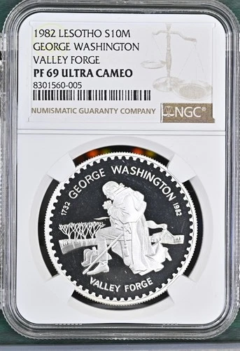 1982 LESOTHO SILVER 10 MALOTI WASHINGTON VALLEY FORGE NGC PF 69 ULTRA CAMEO