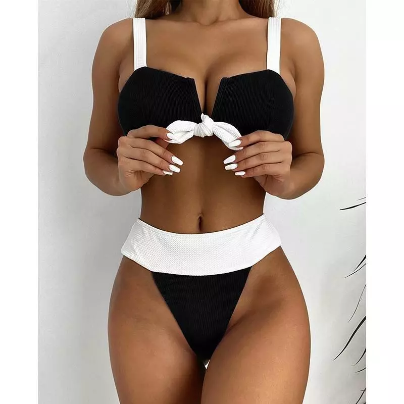 White Black Brazilian High Band Brief Swimsuit Complete Bikini