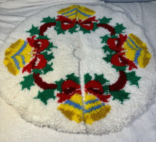 Latch Hook Christmas Tree Skirt Yellow Bells Blue Holly Berry Vintage 70s
