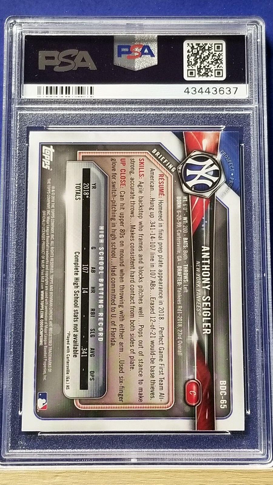 Anthony Seigler - 2018 Bowman Chrome Draft  PSA 10   view 2
