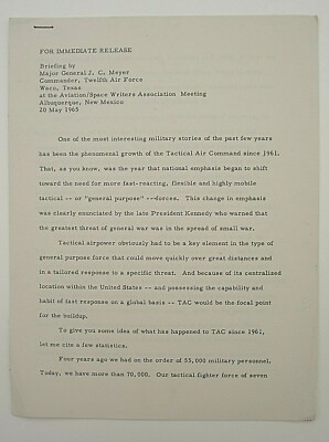 Briefing Document Generalmajor Meyer Commander 12th USAF on TAC 1965 sehr guter Zustand
