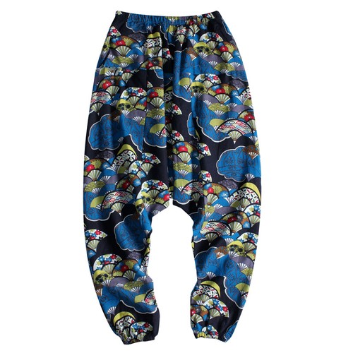 Men 100%Cotton Elastic Waist Long Pants Pirnted Baggy Loose Jogger Yoga Trousers - 第 27/36 張圖片