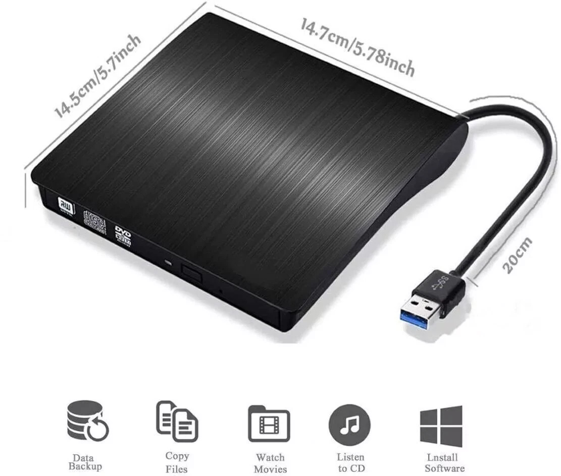 Slim External CD DVD RW Drive USB 3.0 Writer Burner Player Black For Laptop PC
