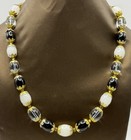 Vintage Black White Clear Bead Necklace Gold Tone Costume Jewellery