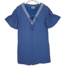 Skies Are Blue Embroidered Cotton Gauze Shift Dress XS Blue Swim Cover Up