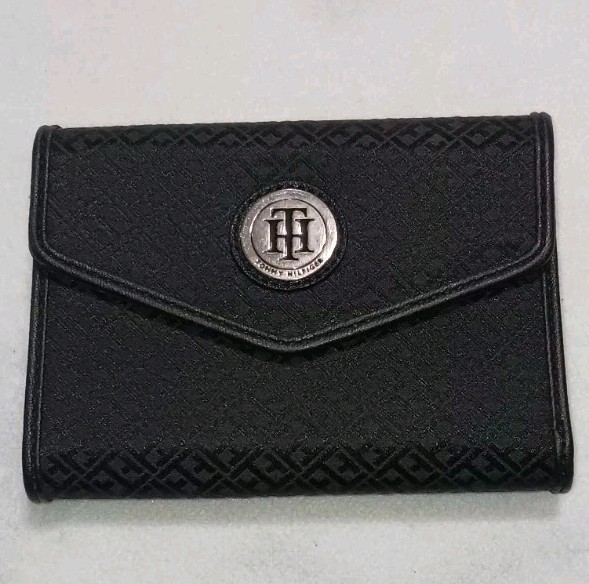 Tommy Hilfiger Tri Fold Wallet Womens Black 10 Card Slot Button Closure Zip...