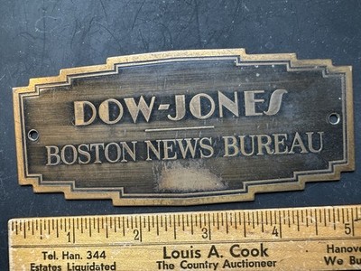 Vintage Sign Plaque Dow Jones Boston News Bureau Art Deco 1930 s Massachusetts