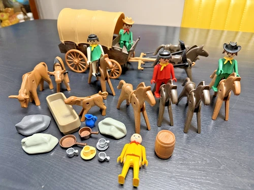 Playmobil Western Covered Wagon Vintage Geobra 70’s Cowboys Horses Cows/Bulls