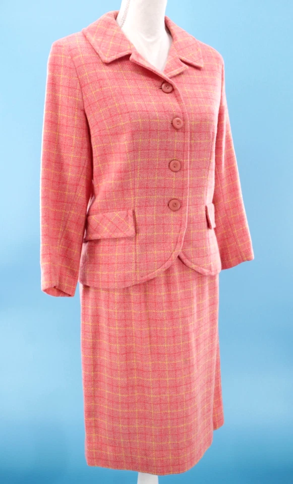 VTG Women's 60s 2 Pc Salmon Pink Plaid Wool Dress Suit XS/S 1960s Jacket & Skirt - Image 2 of 4