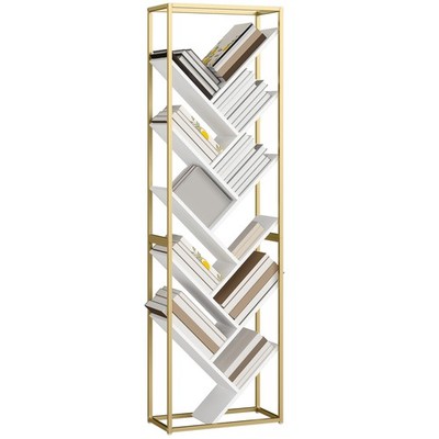 HOMCOM Bücherregal 10 Ebenen Baum Modern Hoch Bücherregal Weiß Goldfarben