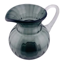 VTG Pitcher Smokey Gray Glass Optic Ribbed Hand Blown With Applied Handle Retro