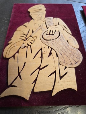 NAIVE AFRICAN COW RAM'S HORN COLLAGE OF A FIGURE SET ON VELVET, NIGERIAN ORIGIN?