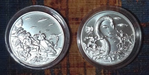 RARE LOT! 2x 1oz 999 Fine Silver Rounds UFOS Over CAVEMEN FIRST CONTACT Intaglio