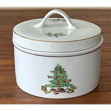 Sugar Bowl & Lid Holiday Hostess Trim, Gold Band by Tienshan Holly Tree 1996-99