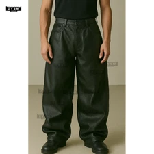 Men’s Black Real Leather Pants-Streetwear Baggy Trousers-Oversized Leather Pants