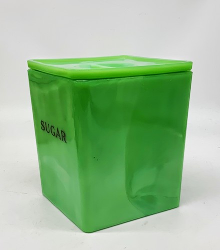 Vintage green Jeanette Jadeite square Sugar canister w lid uranium glass flower - Picture 3 of 6