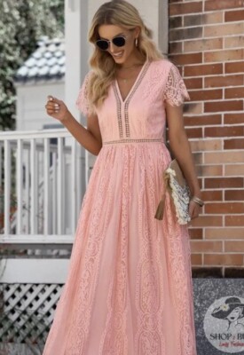 Dusty Pink Lace Maxi V Nevk Plunge Dress Size Lace | eBay